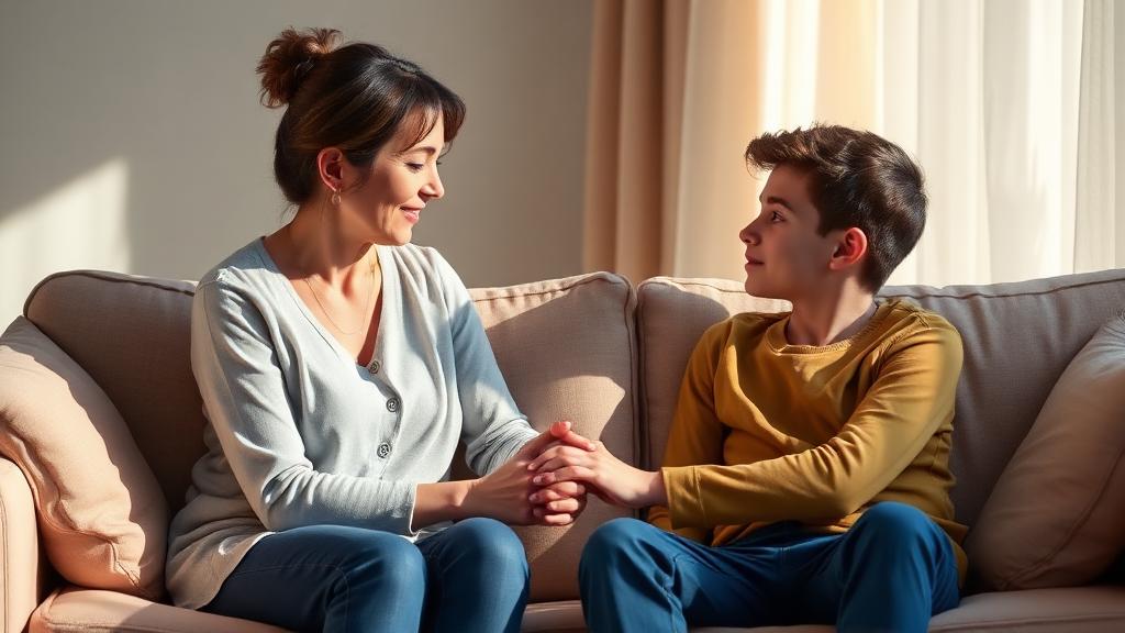 Mãe e filho conversando com as mãos unidas no sofá