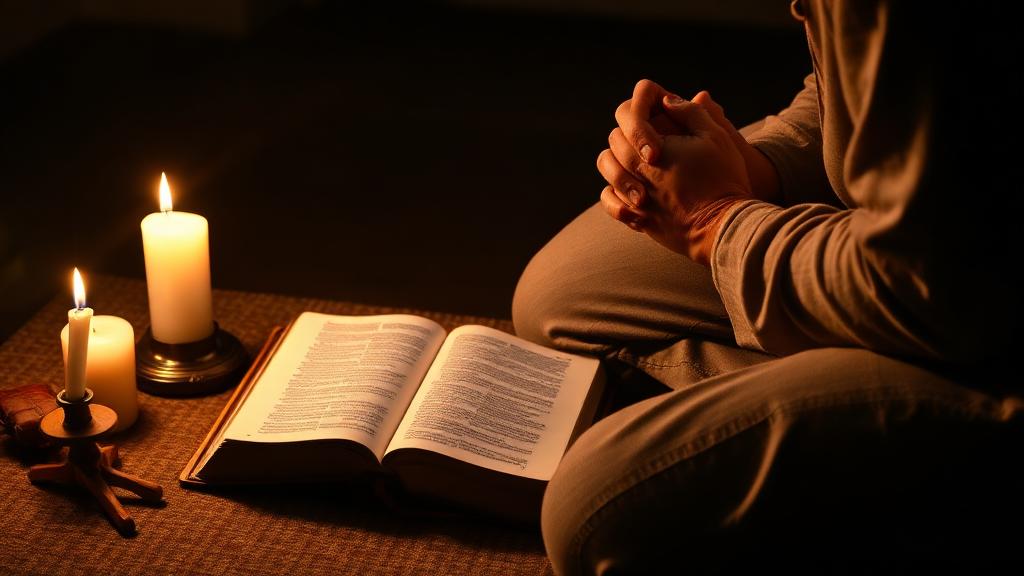 Pessoa ajoelhada em oração ao lado de uma Bíblia aberta à luz de velas
