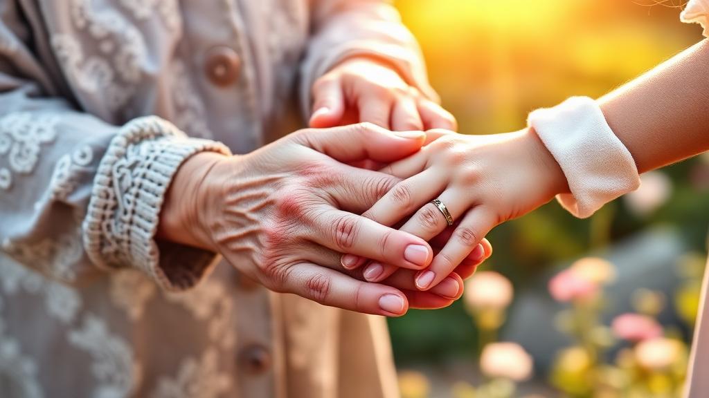 Mãos de uma avó segurando as mãos de uma criança à luz dourada